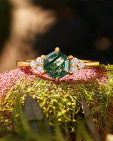 TIFREY Vintage Hexagon Moss Agate Three Stone Cluster Engagement Ring